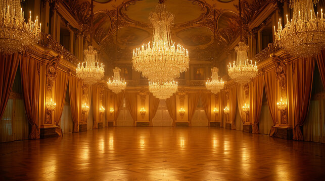 A grand chandelier illuminating a ballroom adorned with gold leaf and velvet drapery.