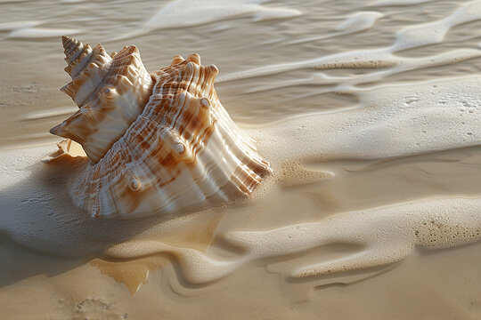 Generative AI Image of Conch Sea Shell on Beach Sand with Water Waves