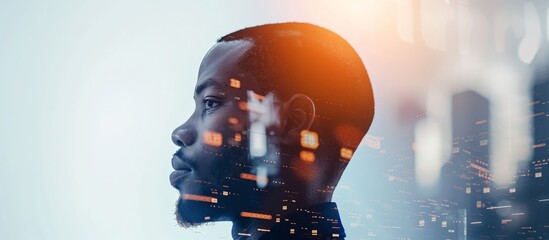 An artistic representation of a man wearing a helmet with a city skyline in the background, fused together through a double exposure technique.
