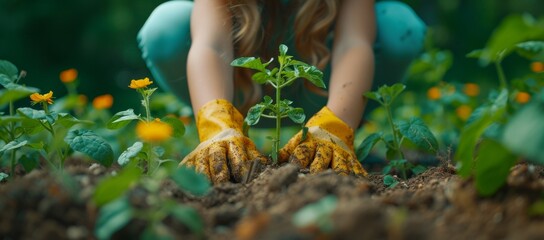 Hands gardening, planting young cucumber plants