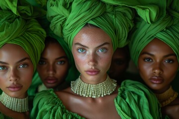 Models in green turbans with diverse beauty