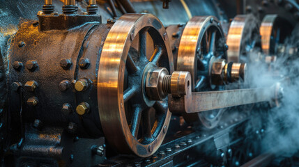 Zoomed-in image of a steam engine's pistons and valves in motion, steam and metal textures