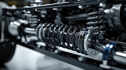 Zoomed-in image of an innovative shock absorber system on a performance vehicle, suspension details visible