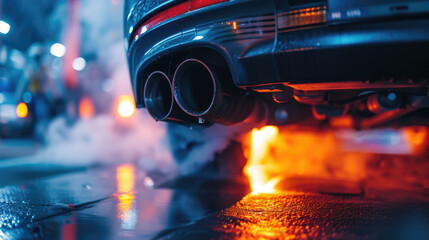 Close-up of a car's exhaust system being tested, highlighting the engineering for emission reduction