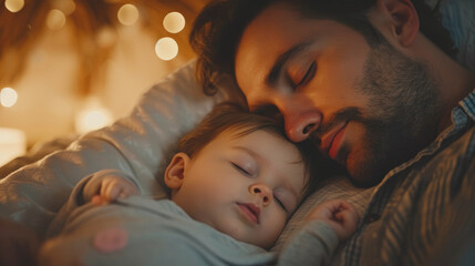 Close-up of a parent tucking in a child, the essence of a nightly routine, capturing the care and love in a Family and Home Life scene - obrazy, fototapety, plakaty