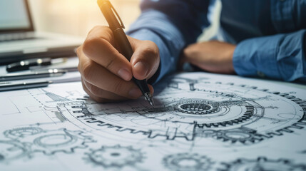 Close-up of a mechanical engineer's hand drafting a complex gear system, technical drawings in the background