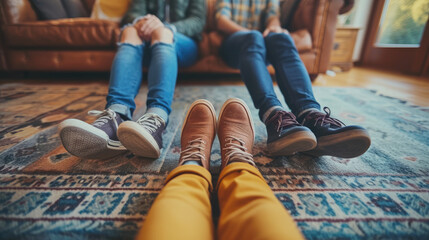 Detailed shot of family members' feet in a circle during a casual living room gathering, a unique perspective on Daily Family Routines