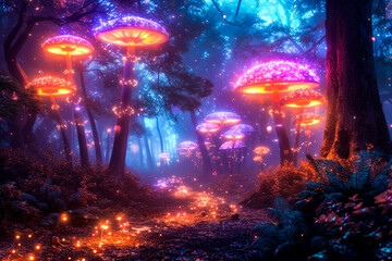Enchanted Forest with Bioluminescent Mushrooms.