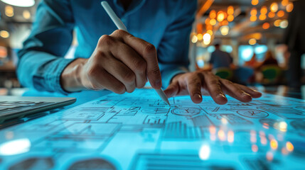 Detailed view of a creative brainstorming session, focusing on hands sketching out innovative solutions on a smart digital tablet