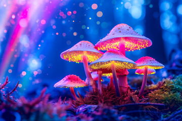 Fototapeta na wymiar Enchanted Forest with Bioluminescent Mushrooms.