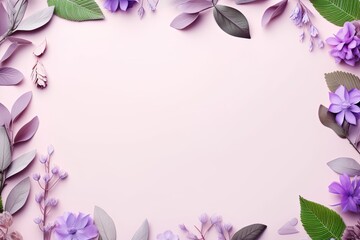 Frame assorted leaves and flowers on purple border background. Valentine'sday-mother's day. greeting card. presentation. advertisement. copy text space.