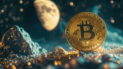 Macro shot of a golden Bitcoin on a starry background, moon in the upper corner, symbolizing high aspirations - obrazy, fototapety, plakaty
