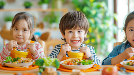 Fototapeta premium Kids eating healthy and nourishing meals at home. Siblings dining together.