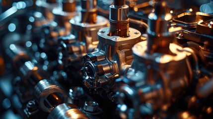 Macro shot of a high-performance car engine, detailing pistons and valves, engineering precision visible