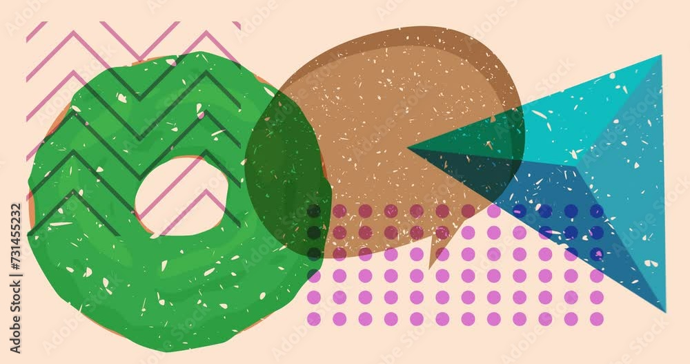 Poster risograph doughnut and speech bubble with geometric shapes animation. moving object in trendy riso g