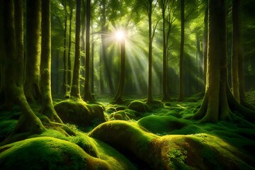 imagine A tranquil, emerald-green forest glade with sunlight filtering through the canopy onto a moss-covered floor. - obrazy, fototapety, plakaty