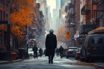 Solitary man walking down an autumnal New York street
