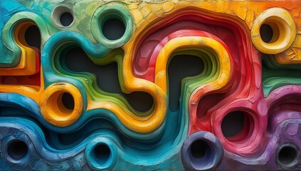 Vibrant 3D maze sculpture with colorful circular paths