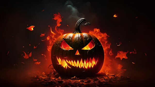 Creepy burning halloween pumpkins. Created with generative AI
