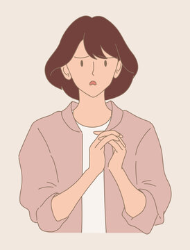 Desperate woman holding hands, begging, hand gesturing, praying, asking for help with pleading, imploring expression. Guilty girl showing sorry. Hand drawn flat cartoon character vector illustration