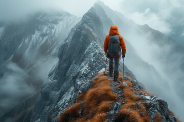 Lone hiker in orange jacket on a misty mountain ridge, adventure theme