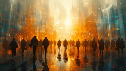 Digital art of people in a networked, glowing, futuristic city
