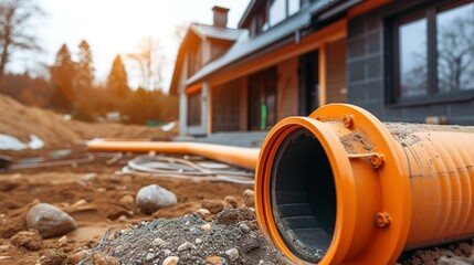 installation of a sewage plastic pipe during the construction of a house. Creative Banner. Copyspace image - obrazy, fototapety, plakaty