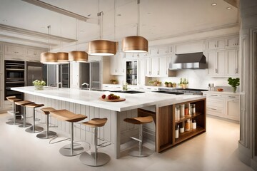 A kitchen with a double-sided island, allowing for food prep on one side and a breakfast bar on the other.