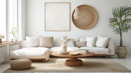 Scandinavian design elements in a white and wood toned living room furniture.