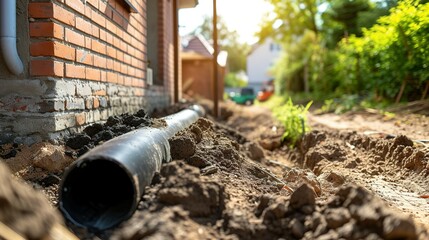 installation of a sewage plastic pipe during the construction of a house. Creative Banner. Copyspace image