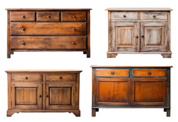 Set of old wooden dressers isolated on transparent background