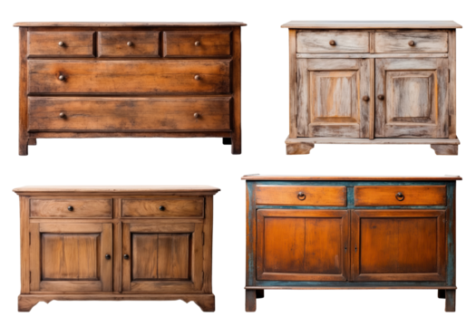 Set of old wooden dressers isolated on transparent background