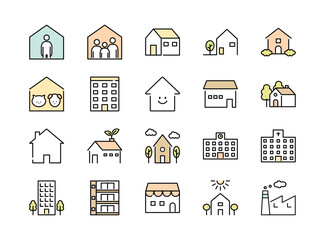 Set of building colorful line icons. House, apartment, school, hospital and factory. Vector illustrations. Editable strokes