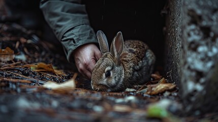 Fresh Rescue: Human Hand Comforting a Wild Rabbit in Rainy Forest