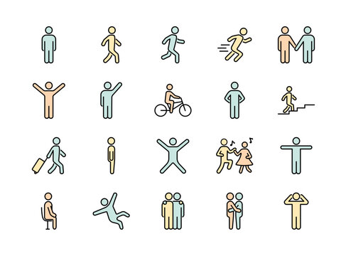 Set of people  colorful line icons. Person walking, running, jumping, dancing. Vector illustrations. Editable strokes