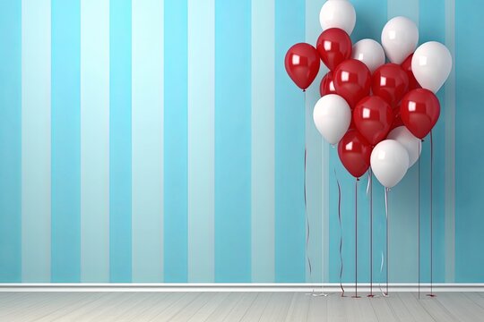 Red white balloons in the room on blue background. 4th of july USA Independence Day. birthday party. greeting card. presentation. advertisement. invitation. copy text space.