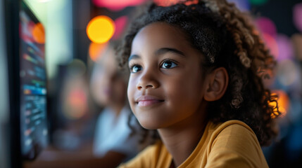 Young black student learning to code on a computer. 