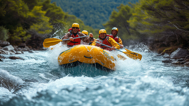 White water rafting, adults have a fun time doing extreme sports on the river.