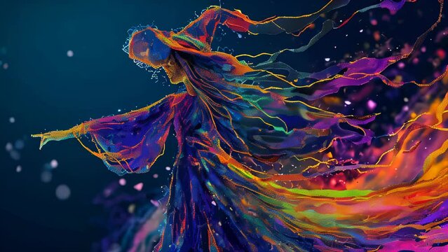 The figure of a witch crafted from colorful threads is depicted abstractly and dynamically using glitch art techniques, creating a visual that evokes magic and movement.
