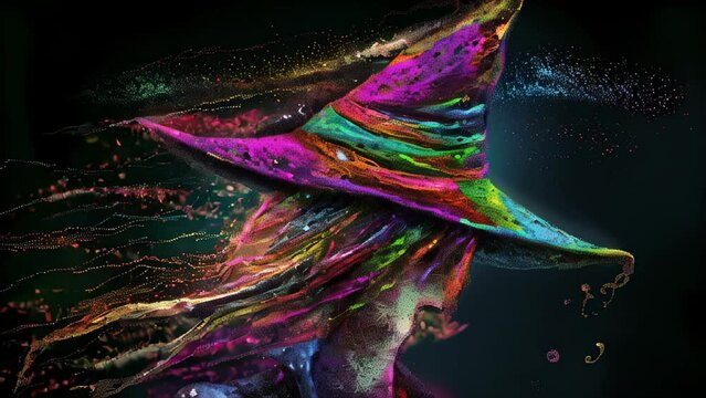 The figure of a witch crafted from colorful threads is depicted abstractly and dynamically using glitch art techniques, creating a visual that evokes magic and movement.
