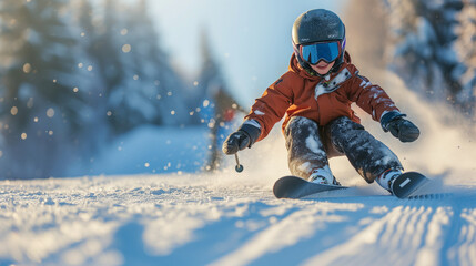 Young boy skiing in the snow. Excited to be out doing winter sports. - obrazy, fototapety, plakaty