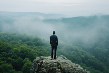 Businessman standing on the top of mountain observing the foggy forest view in the morning