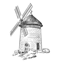 Rural landscape with windmill. Traditional mill isolated on background. Bakery shop, organic agricultural production, flour, ecological food. Vector hand drawn vintage engraved sketch.