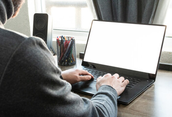 Hombre profesional trabajando en la computadora portátil desde su hogar.