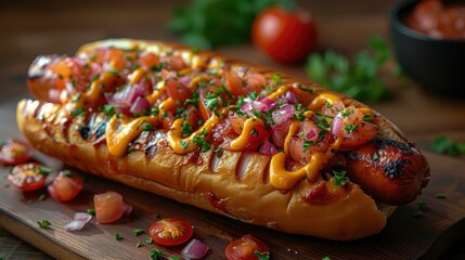 Delectable Hot Dog with Tomato Sauce, Mustard, and Parsley on Wooden Table - obrazy, fototapety, plakaty