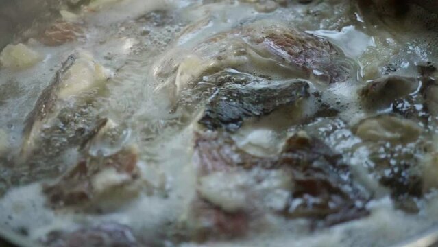 鯛や魚介類で炊いて出汁をとる料理　和食・スープ・スローモーション