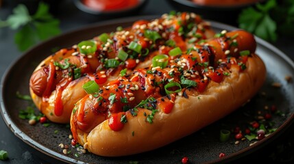 Hot dogs on a black plate on the table. - obrazy, fototapety, plakaty