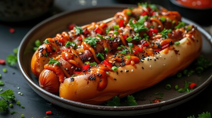 Hot dogs on a black plate on the table.