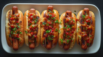 Gourmet Hot Dog Extravaganza: Served on Long White Plate