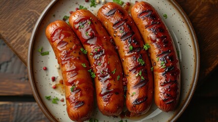 Grilled sausages on a plate on a wooden table.